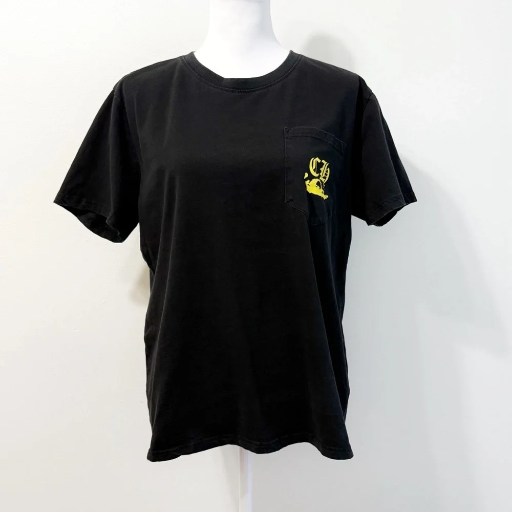 CHROME HEARTS BLACK YELLOW LOGO PRINT CH CHEST POCKET CREWNECK TEE SHIRT - Picture 2 of 10